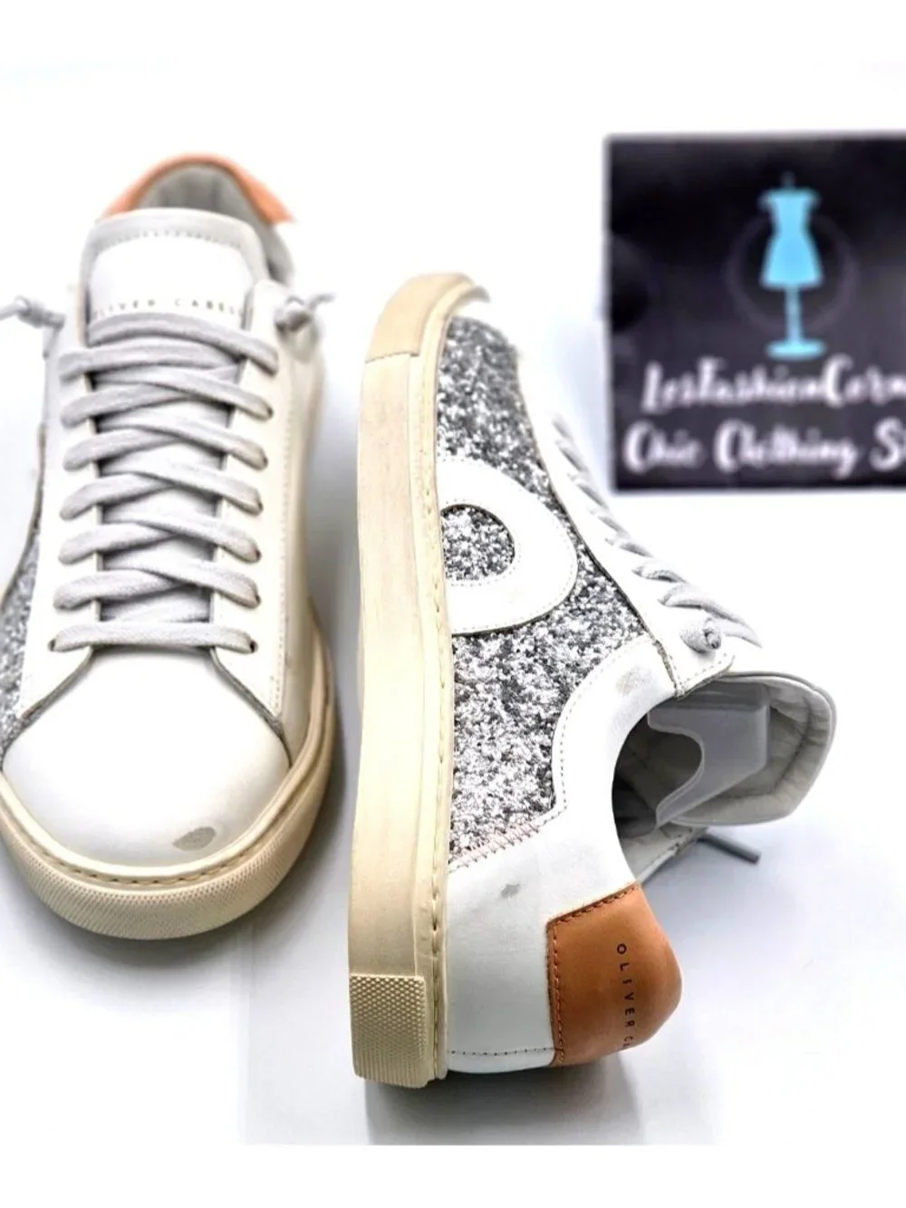 NWOB Oliver Cabell Women Low 1 LEEDS White Leather Sneakers Glitter  Sz 5.5 2254 - Picture 12 of 16